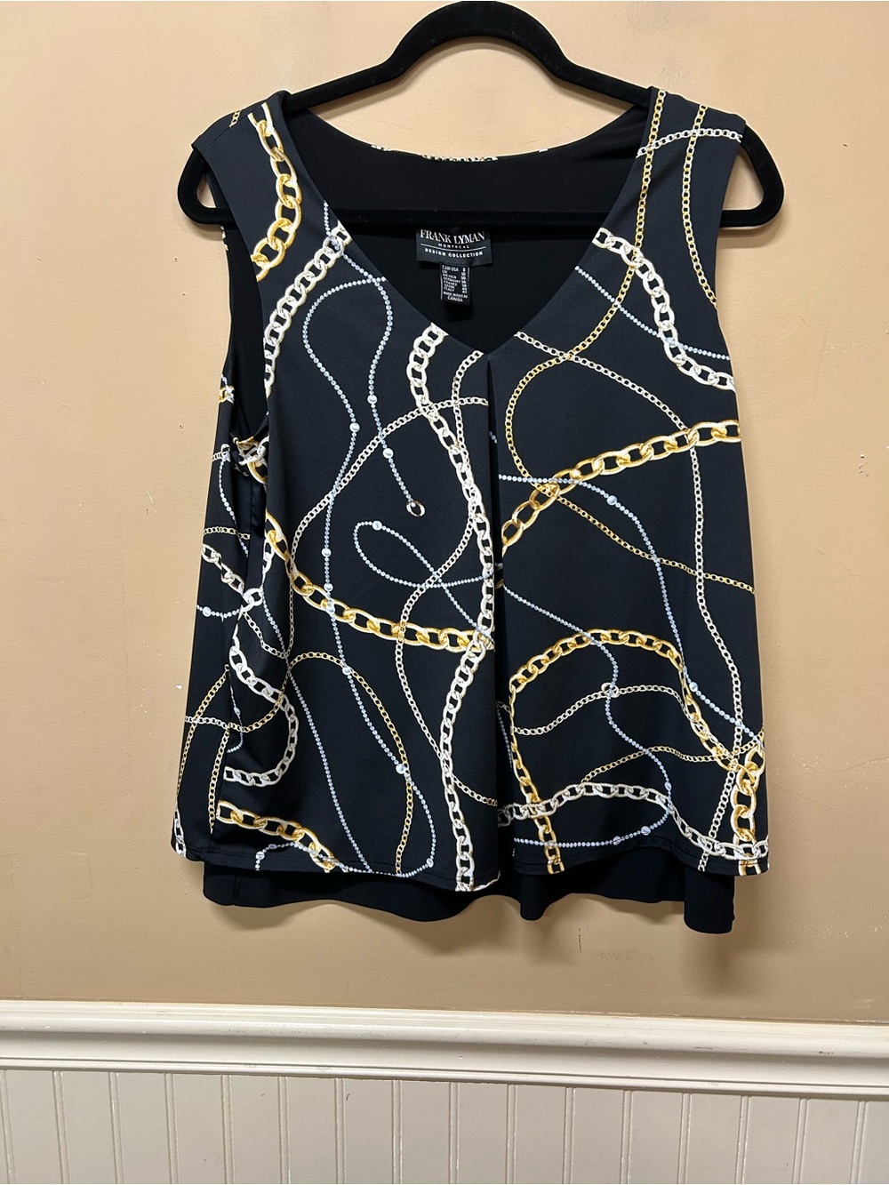 Frank Lyman Black Chain Necklace Print Blouse Size 8